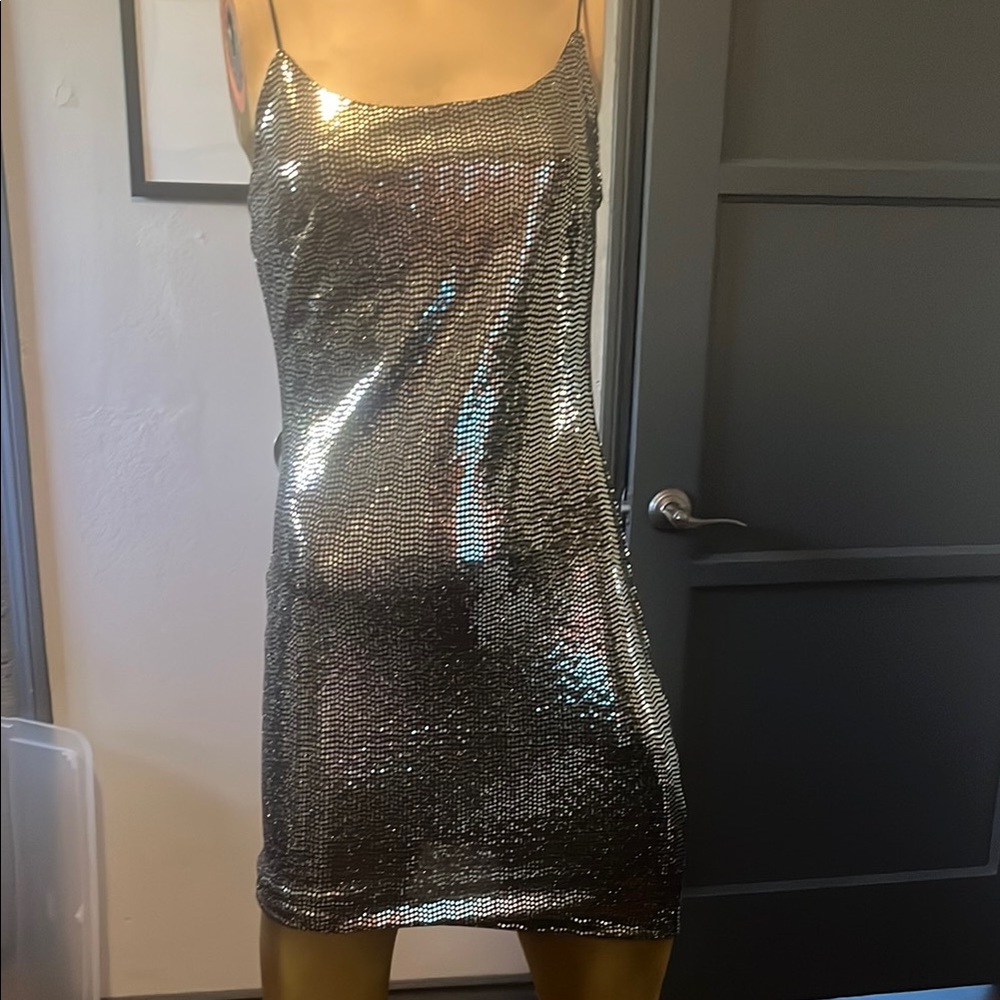 Silver Sequin Slip Dress